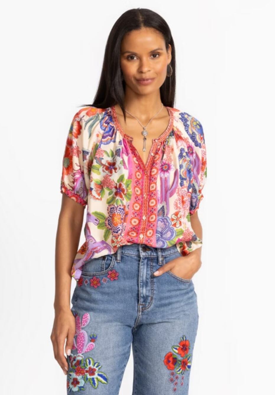 JOHNNY WAS Women's Avah Silk Blouse Medium Kallie Floral Button Down NWT